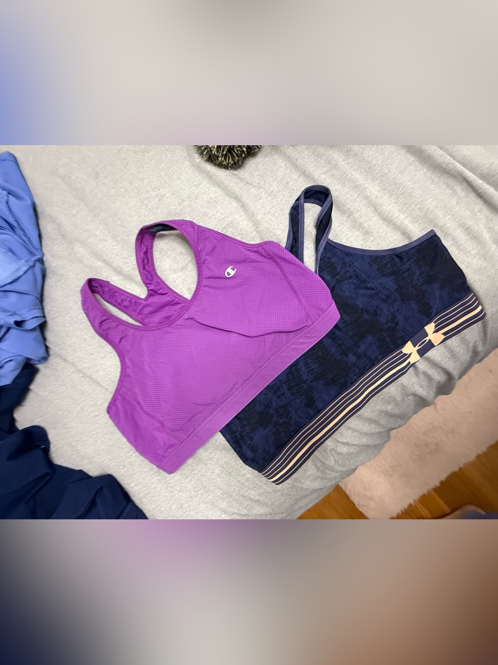 Champion Purple Racerback and Underarmour Navy Striped Band sports bra bundle